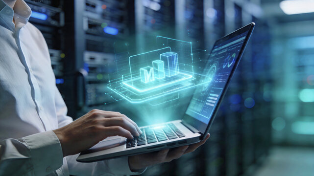 IT professional analyzing data on a laptop with futuristic holographic charts in a server room