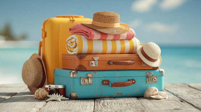 Stacked suitcases with towels hats camera shells and beach background
