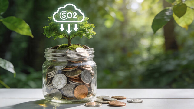 Green investment in a jar with coins and a tree absorbing CO2 from a cloud