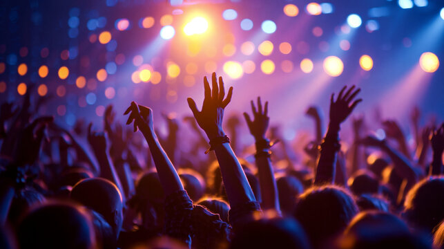 Concert audience hands with purple and yellow stage lights