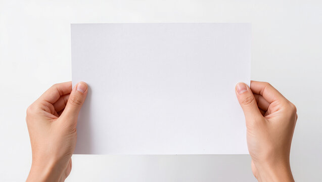 Two Hands Holding Blank White Paper Sheet Horizontal