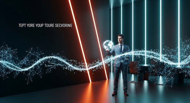 Businessman in suit holding glowing holographic sphere with digital data flow and neon light beams in futuristic dark room, concept for technology