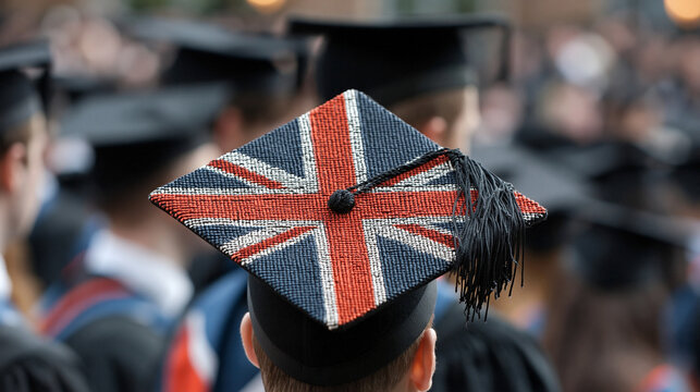 Graduation cap with Union Jack design and black tassel