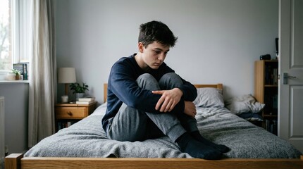 Fototapeta premium Teenager sitting alone on bed looking lost in thought indoors 
