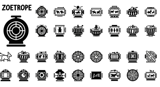 Zoetrope, animation icons, 40 black vector graphics, animation symbols, motion graphics elements