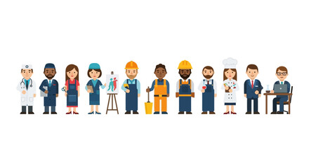 Fototapeta premium Illustrative flat lay celebrating International Workers’ Day (Labor Day), showcasing diverse professions from doctor to chef, construction worker to artist, all standing side-by-side