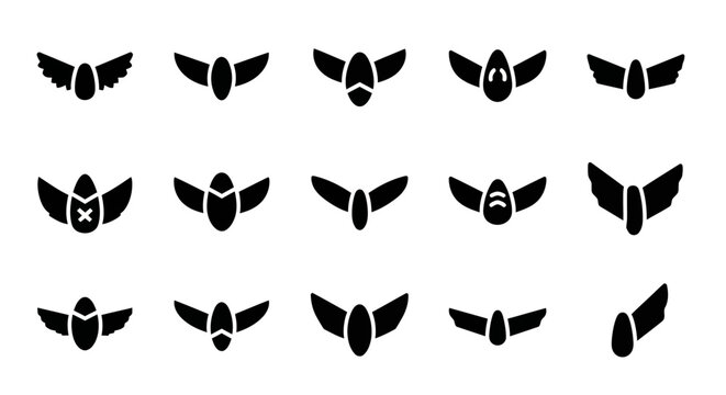 Black wings, wing icons, angel wings, feather symbols, 15 icon set, vector graphics