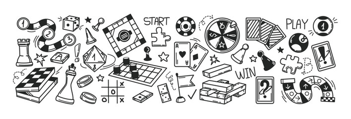 Board games doodles set hand drawn vector illustration sketch icons of cards dice and pawns checkers © Md.Monir