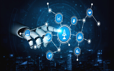 Fototapeta premium A futuristic robotic hand interacts with a glowing digital interface filled with various icons, symbolizing technology and connectivity in a modern urban setting. Tessel