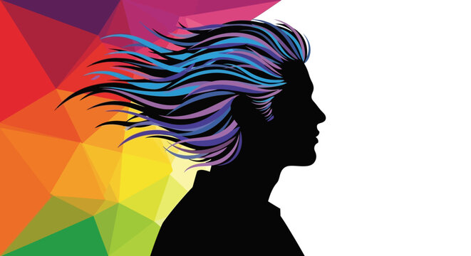 Dynamic silhouette of a person with vibrant, flowing, multi-colored hair against a background of colorful geometric triangles, symbolizing creativity and individuality.