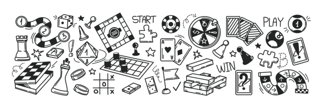 Board games doodles set hand drawn vector illustration sketch icons of cards dice and pawns checkers