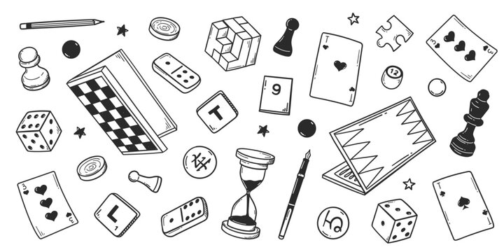 Board games doodles set hand drawn vector illustration sketch icons of cards dice and pawns checkers
