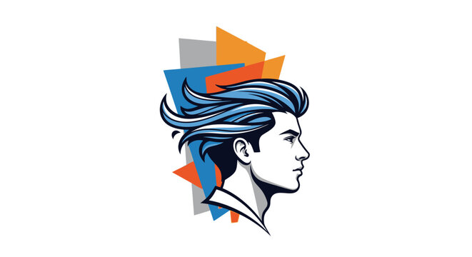Stylized profile illustration of a man with blue wavy hair and abstract geometric shapes in the background.