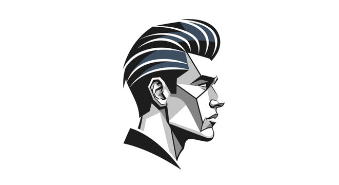 Stylized geometric profile illustration of a man's head with a classic pompadour hairstyle, rendered in black, white, and grey tones.