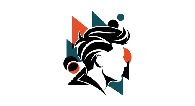 Stylized profile of a man's head with a modern pompadour haircut against a background of abstract geometric shapes in orange, teal, and black.