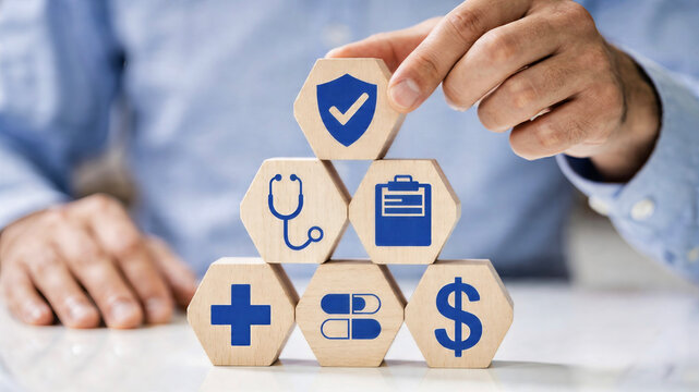 Conceptual Healthcare Insurance Planning with Wooden Blocks and Medical Icons
