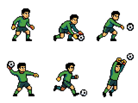 Pixel art soccer goalkeeper sprite sheet with six poses