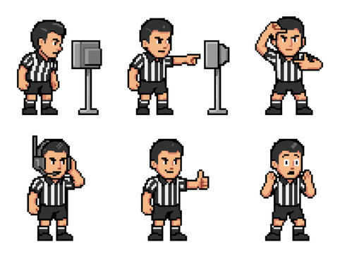 Pixel art VAR referee sprite sheet with six poses