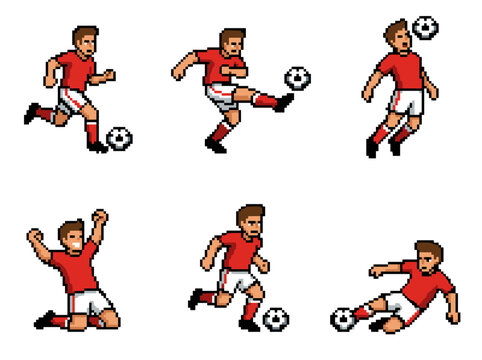 Pixel art soccer player with ball in six action poses