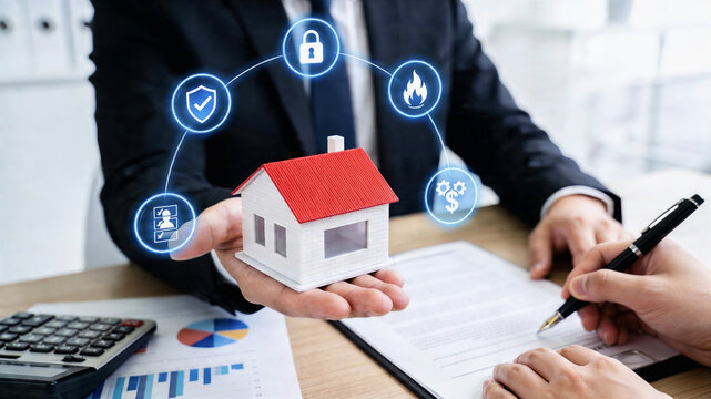 Real estate agent offers home insurance protection with digital security icons