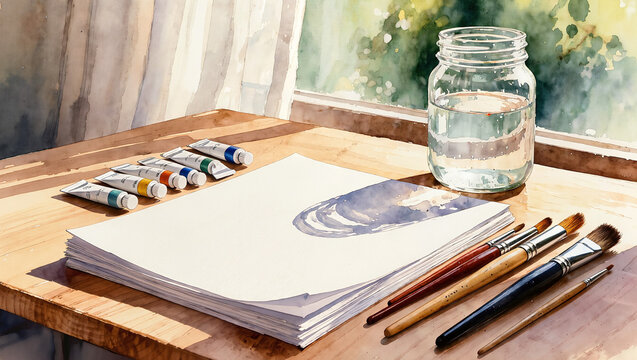 Watercolor Painting Setup with Brushes and Paints on Sunny Wooden Table
