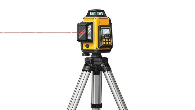 Yellow laser level tool mounted on a tripod emits a red laser line.