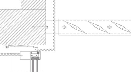 Technical architectural detail section showing a structural beam-to-column connection with hatched masonry, bolts, and diagonal reinforcement elements. © Riki