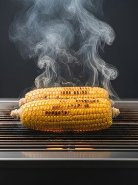 Two ears of yellow corn roasting on a grill with rising smoke against a dark background