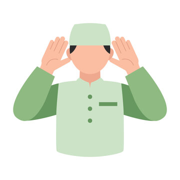 Muslim man performing takbir gesture for Eid al Adha celebration religious expression faith