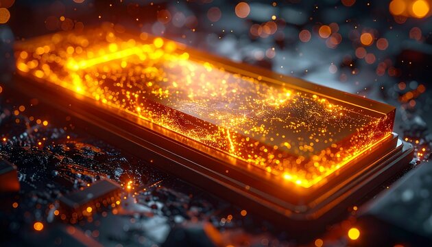 Glowing Solid-State Battery Cell with Golden Energy &mdash; EV Tech Concept