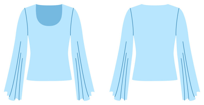 Blue long sleeve scoop neck top with wide flared sleeves, soft silhouette and flowing construction, clean shaping and minimal seams. Technical fashion illustration in flat color, front and back views