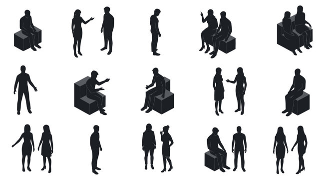 collection of isometric black silhouette figures in various poses and interactions