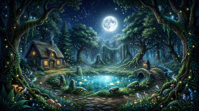 Enchanted Forest Haven Under the Moonlight: A tranquil night scene of a mystical forest, a cozy cottage nestles beside a serene pond, under the silvery glow of a full moon.