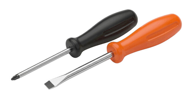 Minimal black silhouette icon, simple flat vector, bold black shape, no, no shading a black phillips head screwdriver and an orange flathead screwdriver on a, flat icon style