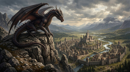Fototapeta premium Dragon Guardian of the Citadel: A majestic dragon perches atop a rocky peak, its gaze fixed upon a sprawling citadel nestled amidst a verdant valley, under a dramatic, overcast sky. 