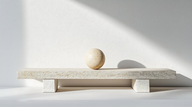 Stone Sphere on Stone Plinth: A minimalist composition showcasing an egg-shaped stone sphere elegantly balanced on a rough-hewn stone plinth.
