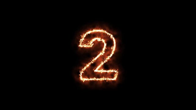 Burning Number Two. Number 2 fire animation on black background
