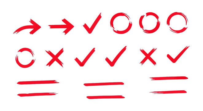 red hand-drawn brush stroke markup elements including checkmarks and x-marks arrows circles and equal signs ideal for ui design.