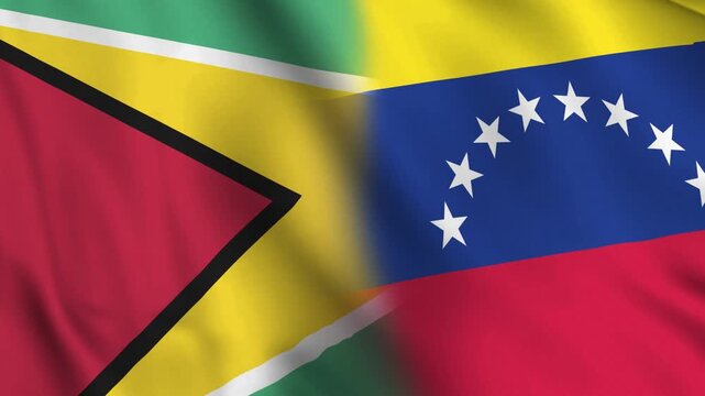 Diagonally aligned combined Guyana and Venezuela flags are waving in wind. Realistic slow motion loop animation, symbolizing neighboring ties and shared regional history.