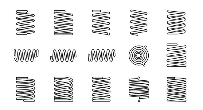 spring coil and helical springs vector set featuring various mechanical engineering and elastic elements for industrial design.