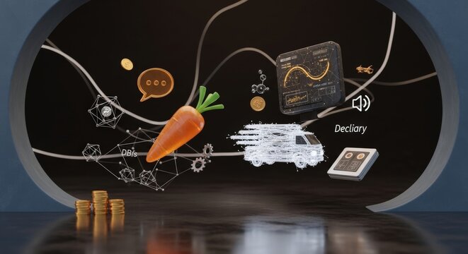 Futuristic Direct-to-Consumer Produce Logistics Dashboard featuring Jade Carrot and Platinum EV Truck Icons in Minimalist Void