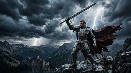 Fototapeta premium Knight with Sword: A lone knight, armored in shining steel, stands atop a rugged peak, brandishing a gleaming sword towards a stormy sky as lightning illuminates the scene.