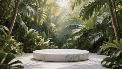 Fototapeta premium Marble Pedestal Display in Lush Tropical Jungle Setting