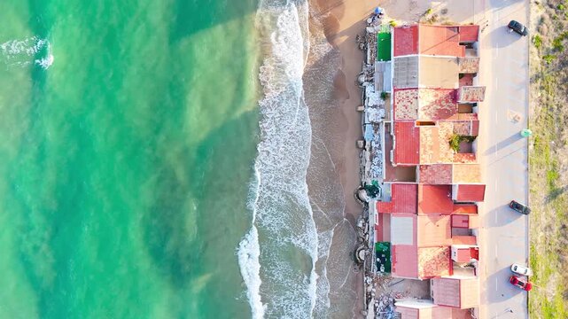 travel architecture beach drone plan design sunlight vacation house water texture roof tile old village coast wave coastline beauty perfect aerial - Guardamar del Segura, Alicante, Spain - 2025