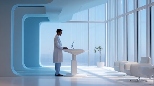Serene Medical Study: A focused doctor stands in a bright, modern clinic space, engrossed in contemplation. The image evokes a sense of serenity and the pursuit of medical knowledge.