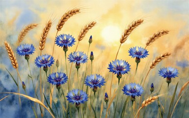 Fototapeta premium Blue flowers and golden wheat sway in a sunlit serene field.