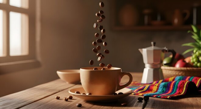 Coffee beans falling into cup on rustic table