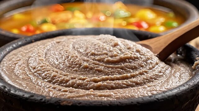 Closeup of a delicious and hearty bean paste being served with a wooden spoon.