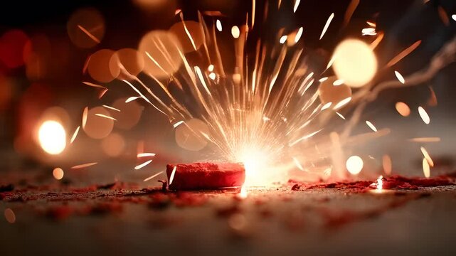 Close-up of a lit firecracker with sparks and bokeh lights