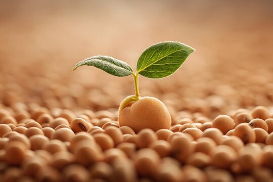 Young soybean sprout emerges from a bed of seeds with soft lighting
